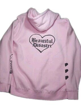 Beautiful Disaster Womens Curvy 2X Pullover Hoodie Sweatshirt Pink Heart Graphic